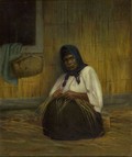 Maori Woman Weaving with Kete