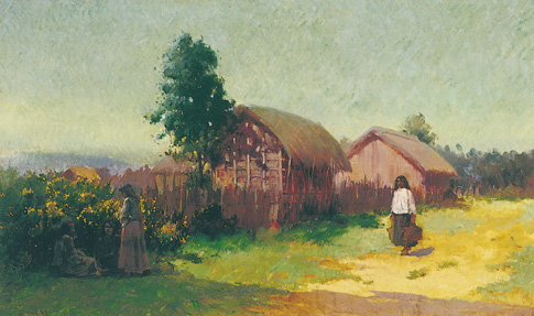 Maori Figures in Landscape with Whare