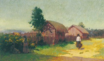Maori Figures in Landscape with Whare